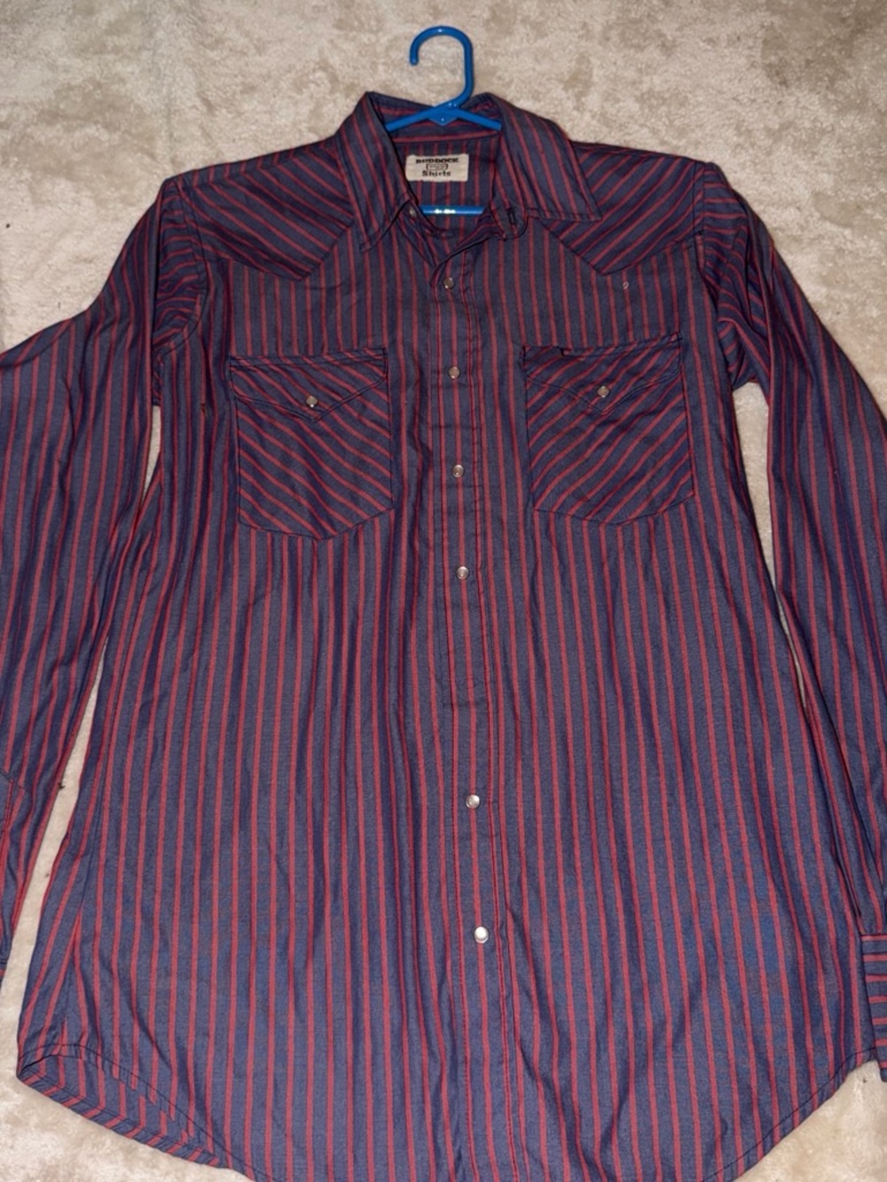 Men's Long-Sleeve Red and Navy Striped Casual Button-Down Shirt
